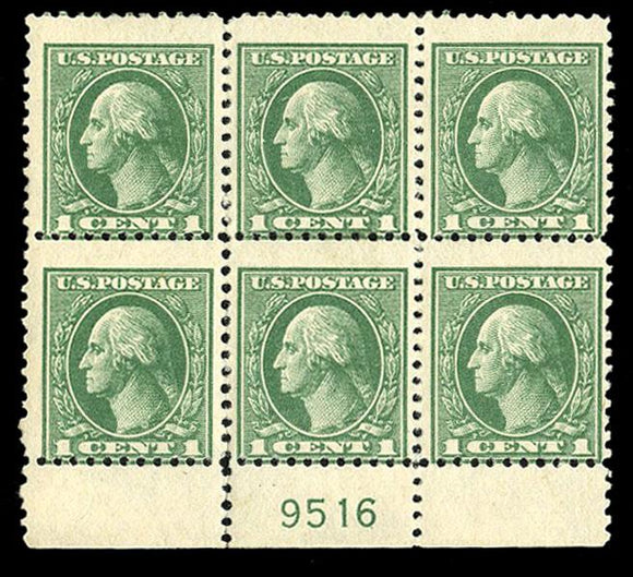 US #525 1918 1c gray green, plate block of six, never hinged, pencil notation in gummed portion of selvage. Cat. 525