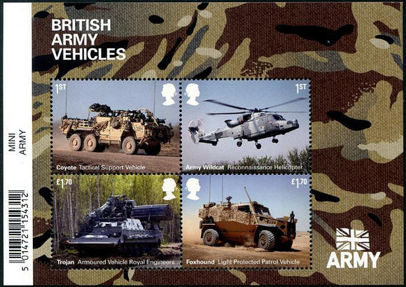 GRBR2021-16M Great Britain Army Vehicles Strips of 4 Different - Tanks Souvenir Sheet S/S