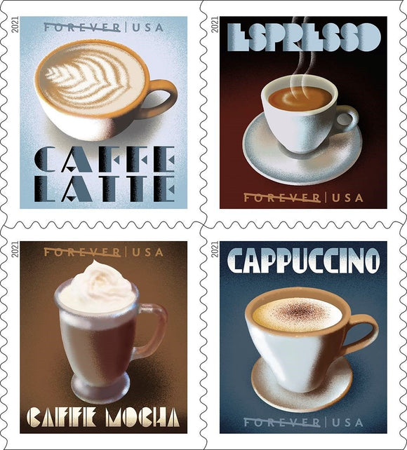 US #5569-5572 US New Issue 2021 Espresso Drinks Forever Stamp
